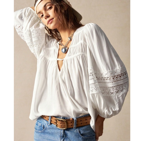 Bohemian Shirt White Crochet Lace Detailed V-Neck Lantern Sleeve - Picture 1 of 9